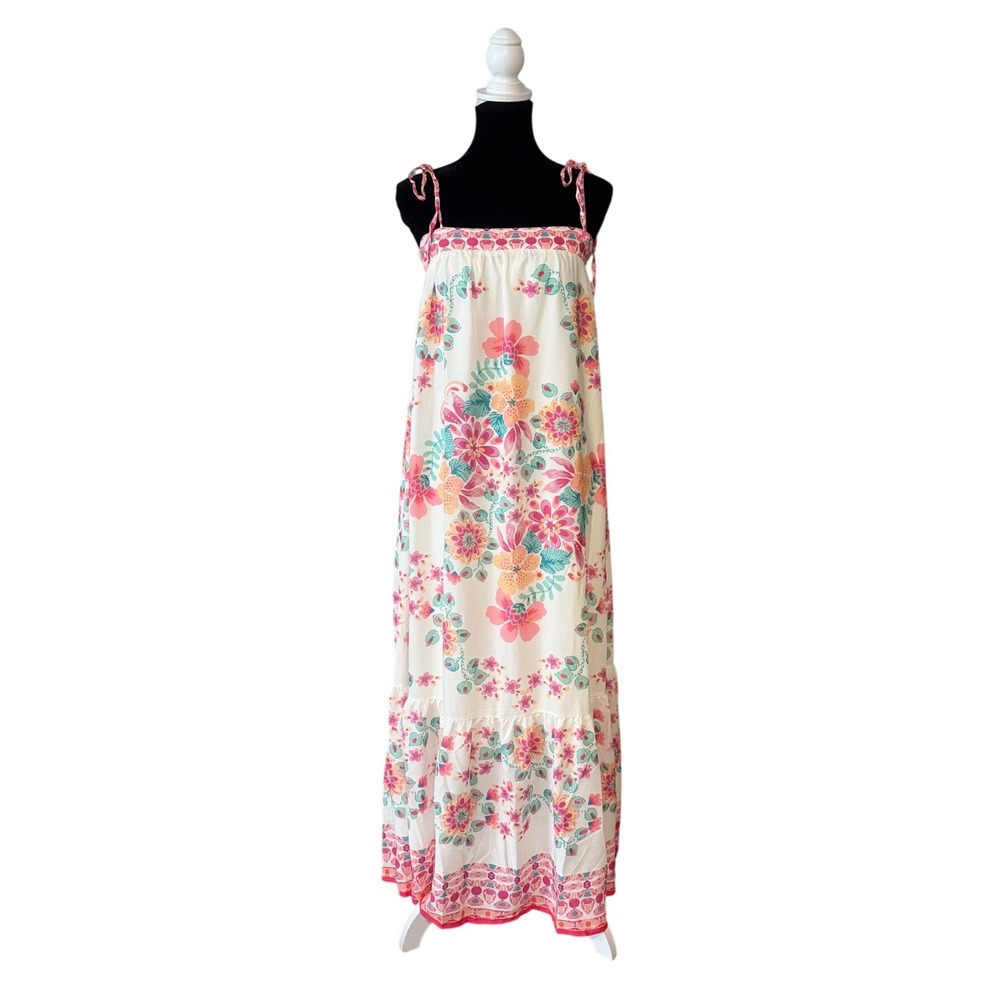 Flying Tomato Floral Maxi Dress M Tie Strap Smocked Back Cottagecore Boho Lined